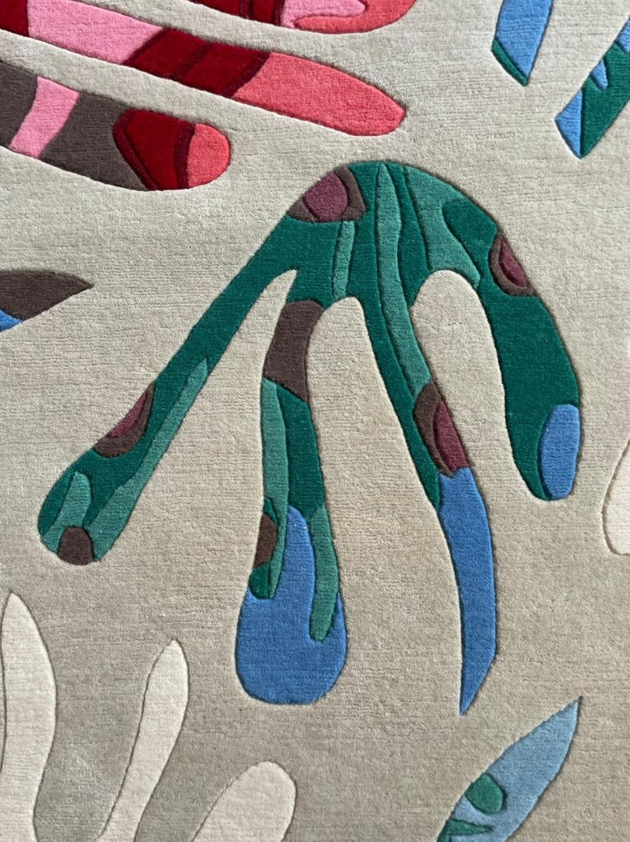 Customizable Handknotted Rug inspired by Matisse, pure wool, Cream, coral, green For Sale 2