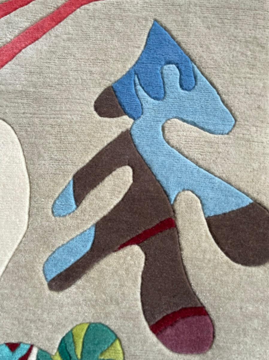 Hand-Knotted Customizable Handknotted Rug inspired by Matisse, pure wool, Cream, coral, green For Sale