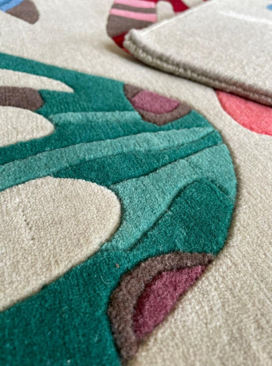 Contemporary Customizable Handknotted Rug inspired by Matisse, pure wool, Cream, coral, green For Sale