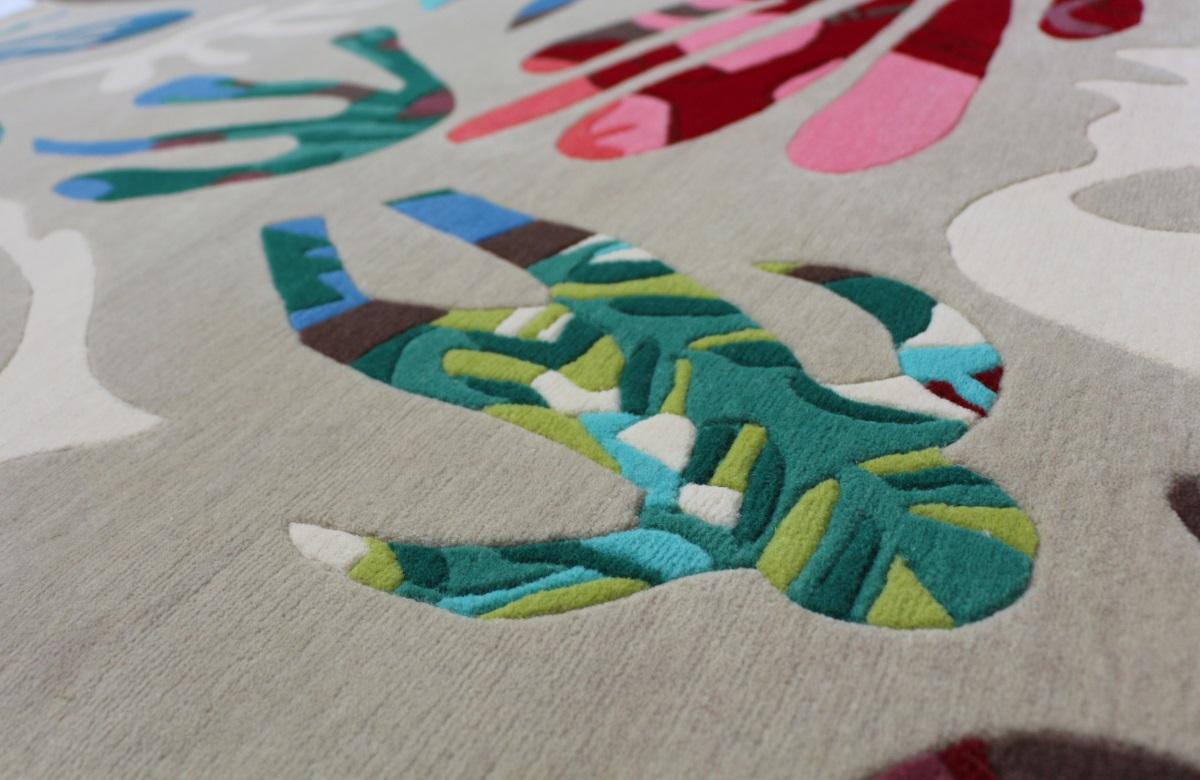 Customizable Handknotted Rug inspired by Matisse, pure wool, Cream, coral, green For Sale 1