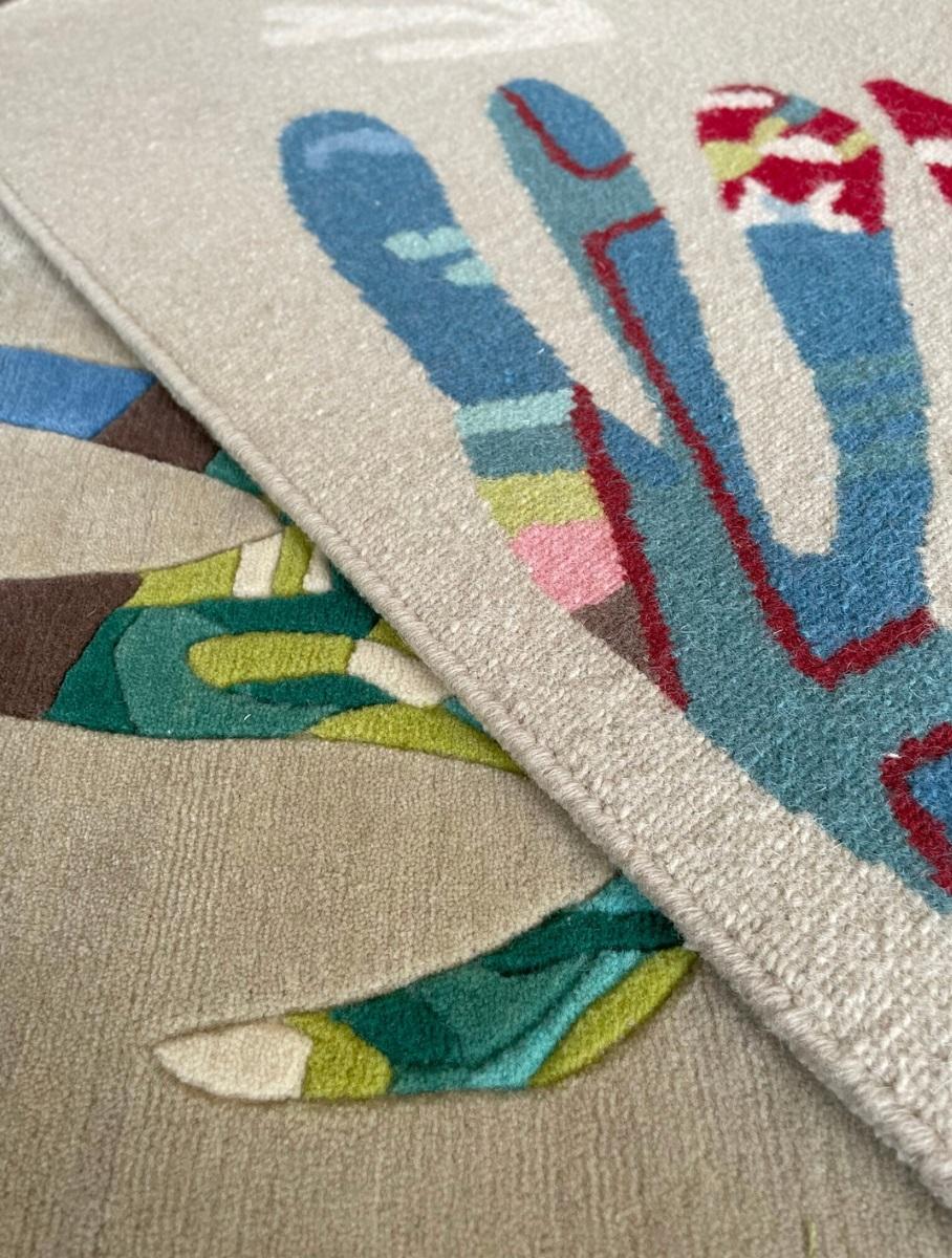 Modern Customizable Handknotted Rug inspired by Matisse, pure wool, Cream, coral, green For Sale
