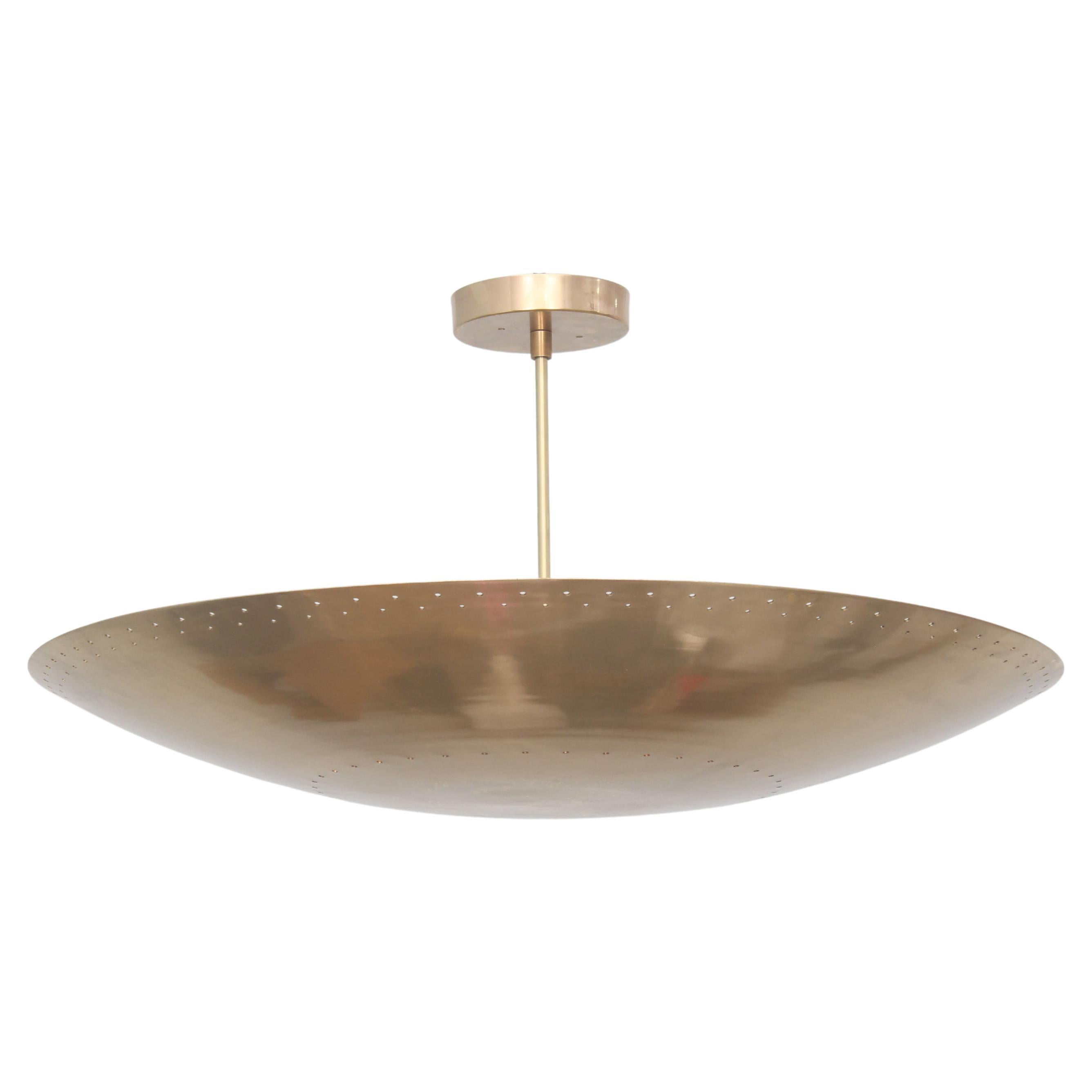 29 inches huge concave pierced brass pendant or flushmount. 

Select from 2 pierced motif ; Edge and middle section or fully pierced ( 2 last images ). 

Contain 6 E26 socket rated at 40 watt each. 

Drop rod made to youre requirement.