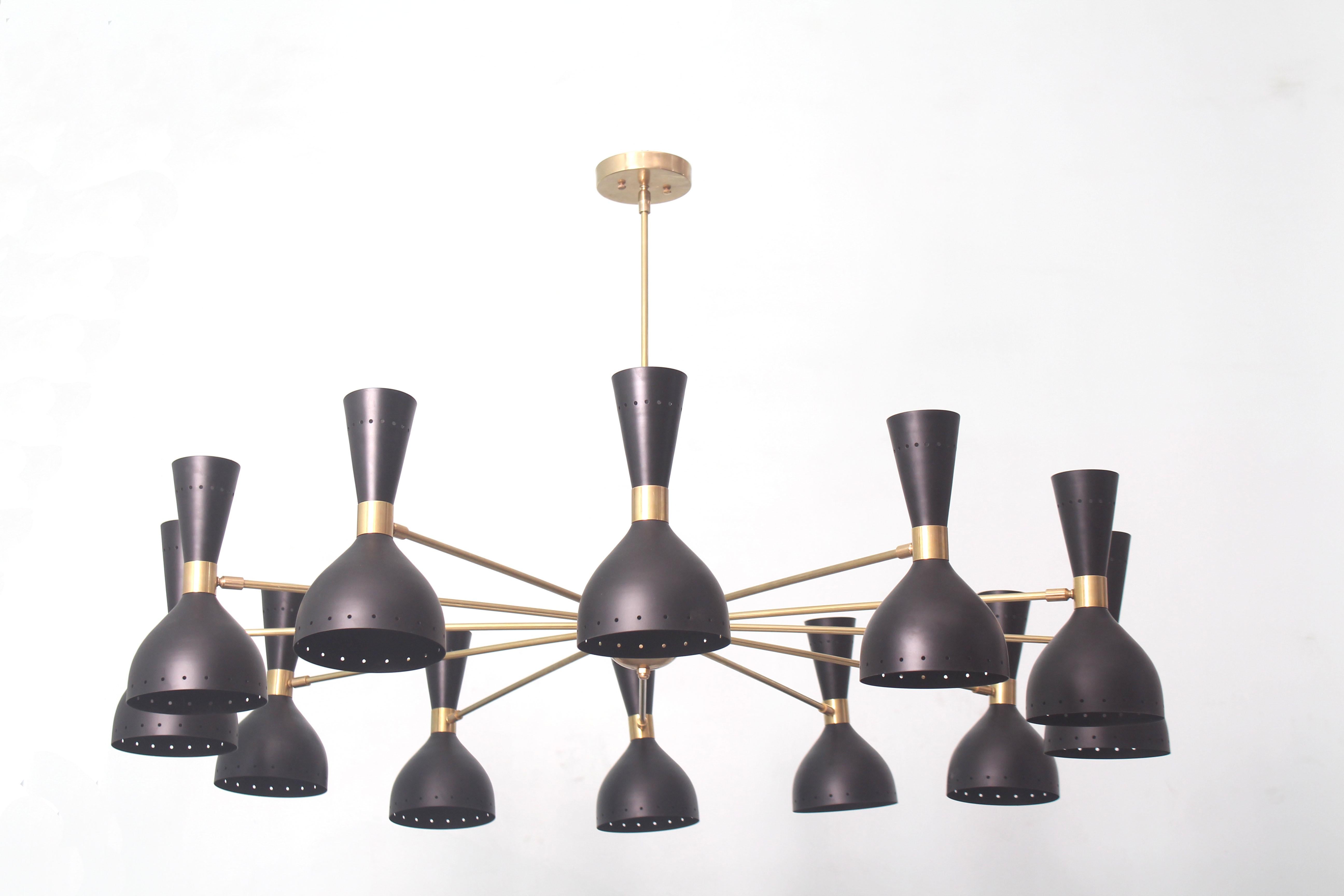 Customizable Large Stilnovo inspired 12 arm chandelier with 24 lights. 

Socket are E12 candelabra size rated at 60 watt for bottom section and 25 watt for top part. No wattage limits with LED bulb .  Recommended ! 

All lamp shade are ajustable in