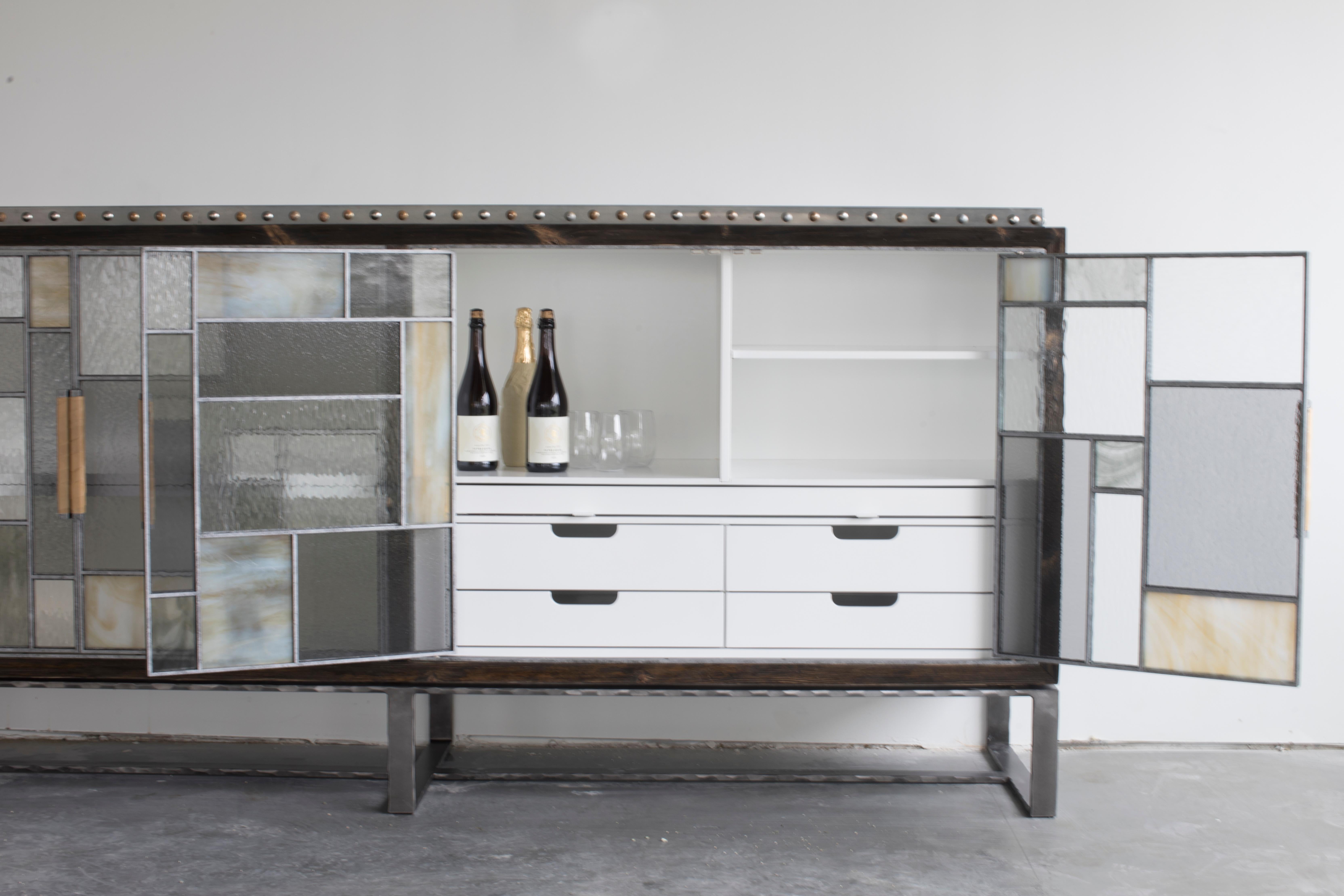 Mosaic Modern Industrial Mixed Glass Buffet with Forged Metal by Ercole Home For Sale