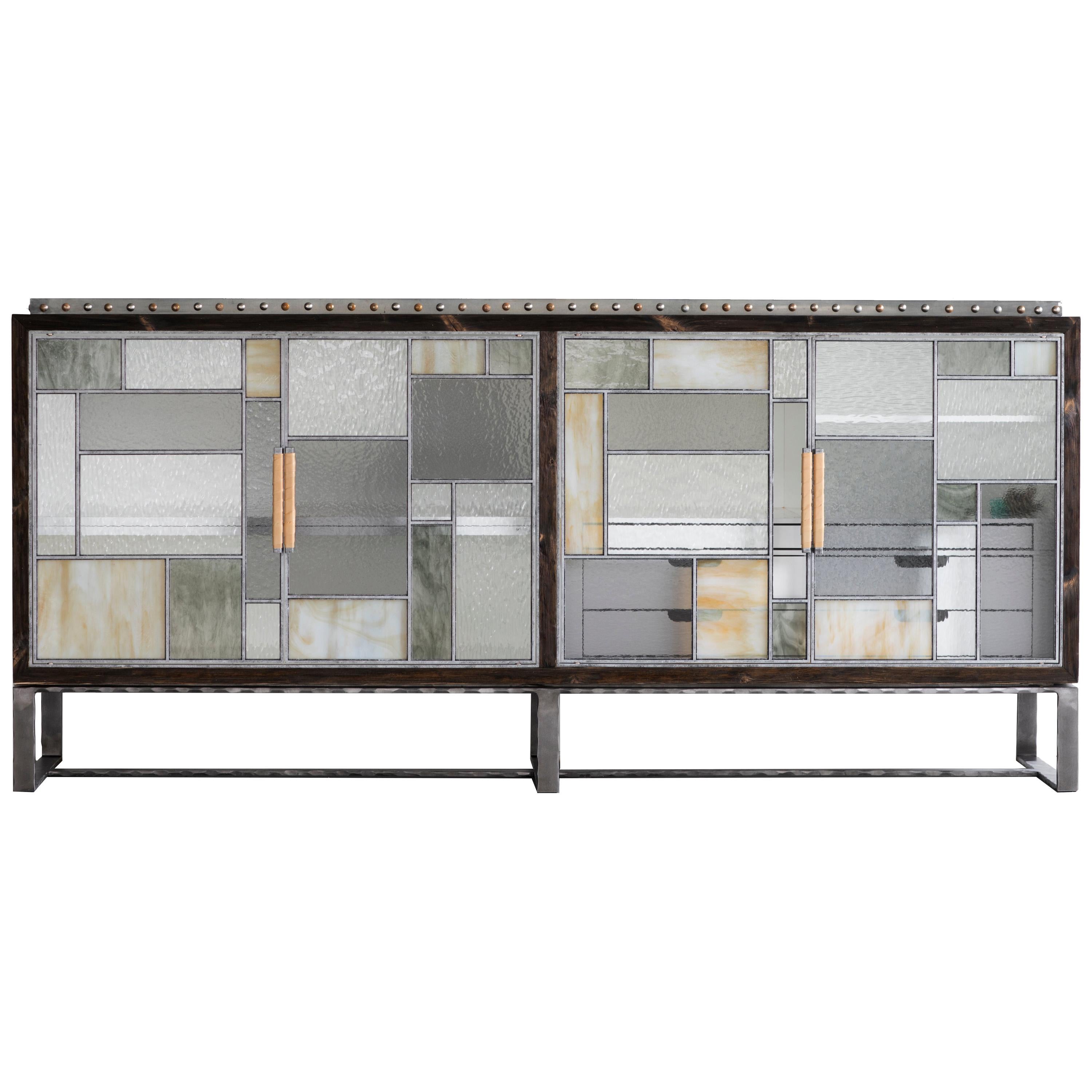 Modern Industrial Mixed Glass Buffet with Forged Metal by Ercole Home