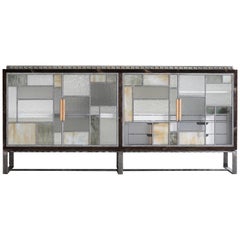 Modern Industrial Mixed Glass Buffet with Forged Metal by Ercole Home