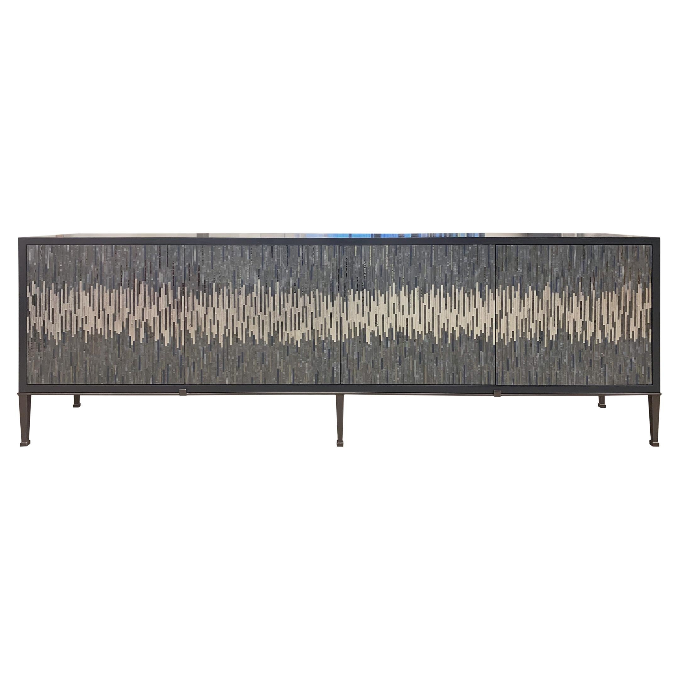 Modern Industrial Buffet in Gray/Silver Wave Glass Mosaic by Ercole Home