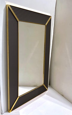 Customizable Italian Art Deco Design Iridescent Black Murano Glass Brass Mirror