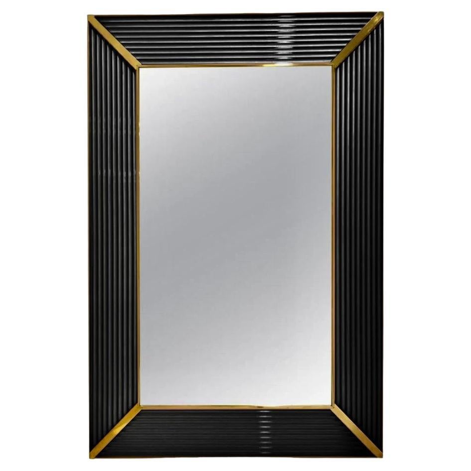 Customizable Italian Art Deco Design Iridescent Black Murano Glass Brass Mirror For Sale