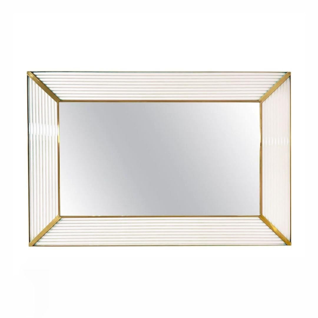 Hand-Crafted Customizable Italian Art Deco Design Iridescent White Murano Glass Brass Mirror For Sale