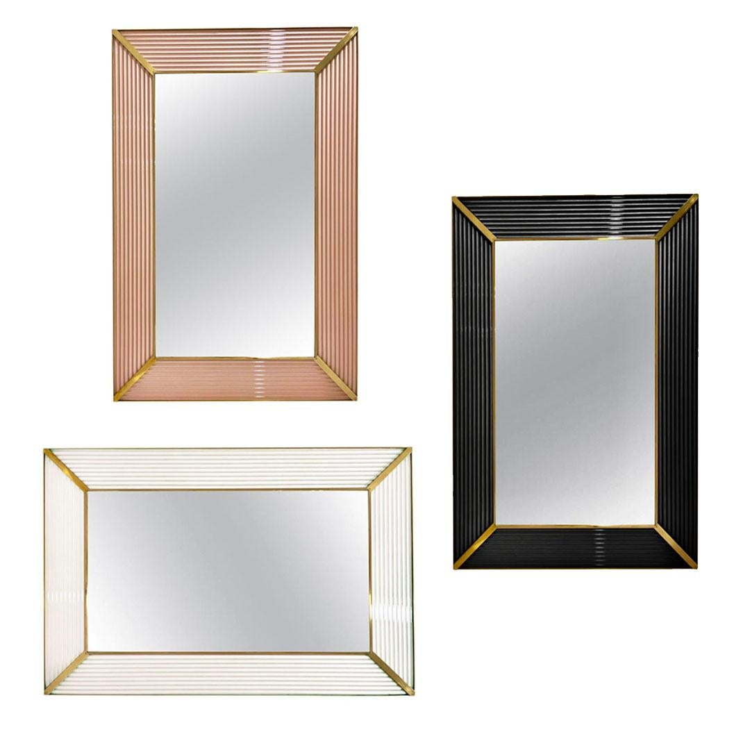 Contemporary Italian Art Deco Design Iridescent White Murano Glass Brass Mirror For Sale 5