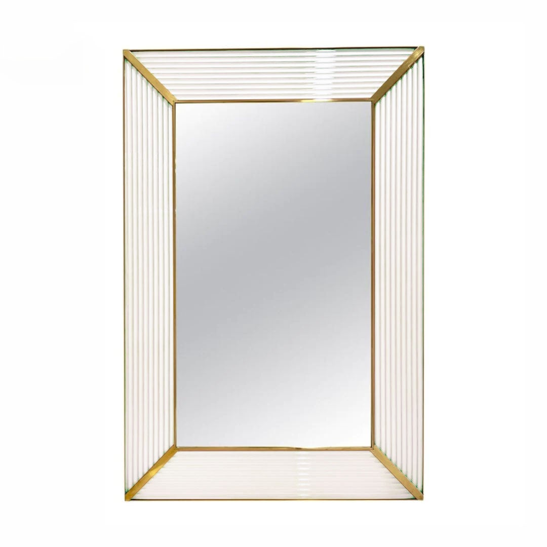Customizable Italian Art Deco Design Iridescent White Murano Glass Brass Mirror For Sale