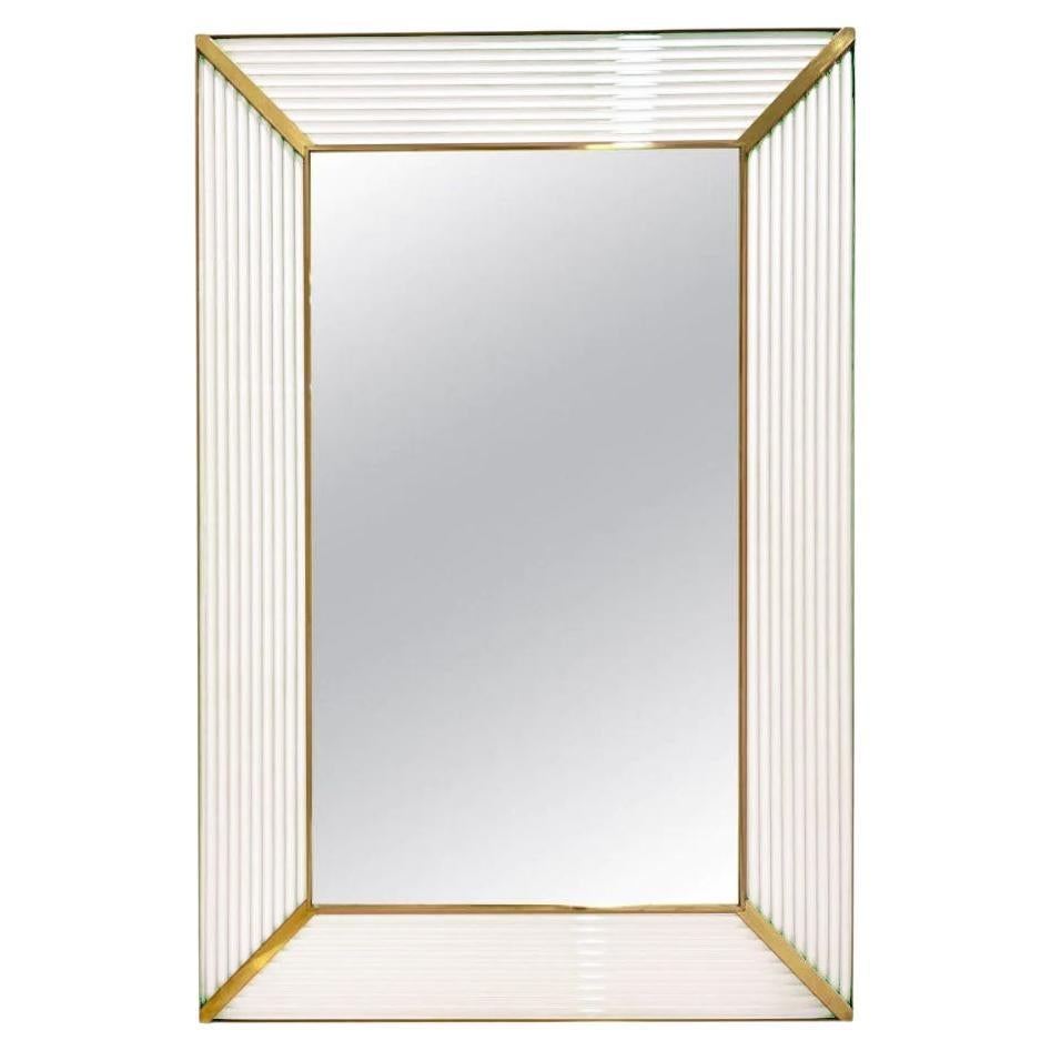 Contemporary Italian Art Deco Design Iridescent White Murano Glass Brass Mirror For Sale