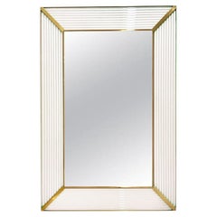 Contemporary Italian Art Deco Design Iridescent White Murano Glass Brass Mirror