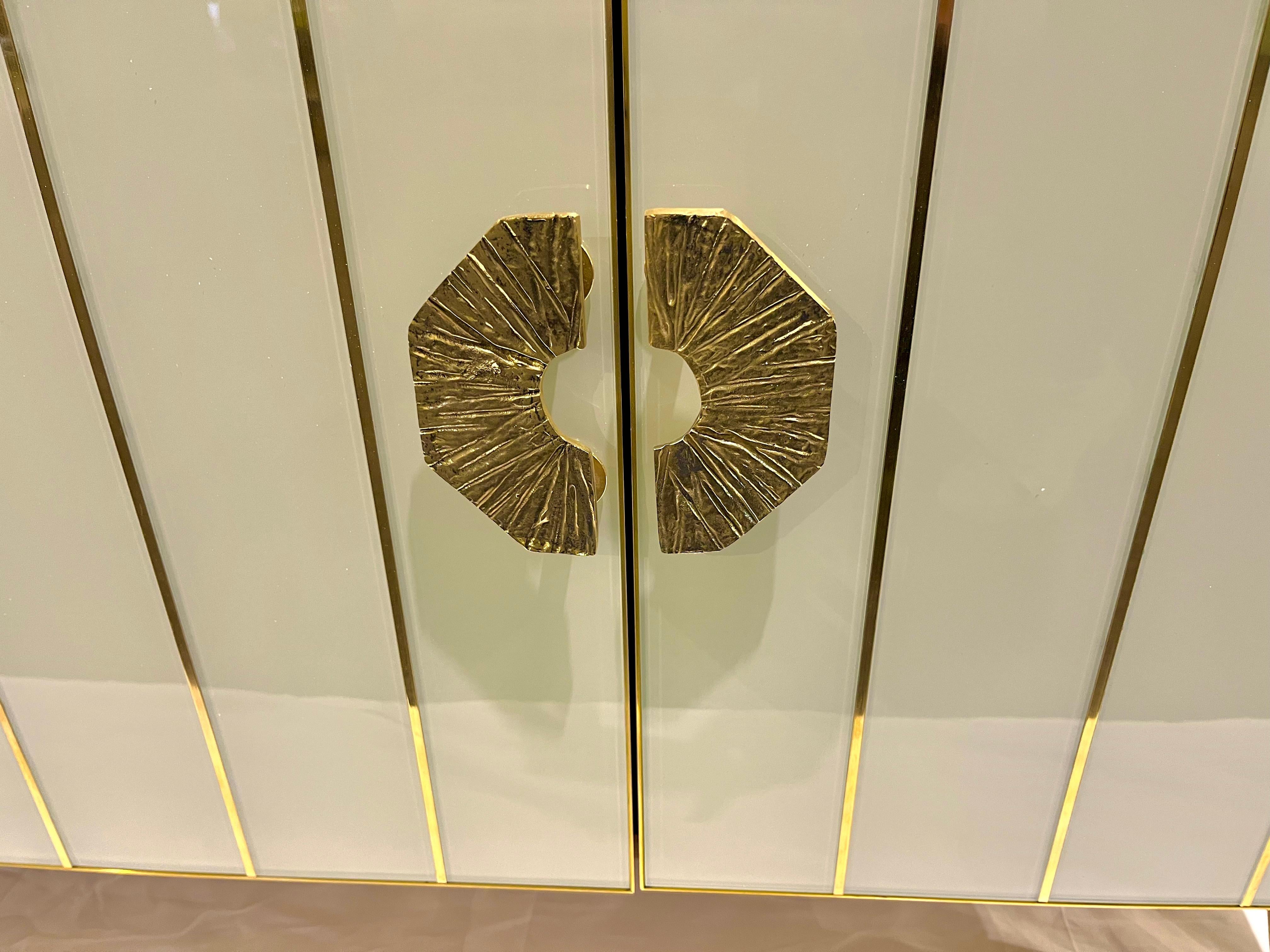 Customizable Italian Art Deco Style Ivory White Glass Brass Modern Cabinet For Sale 8