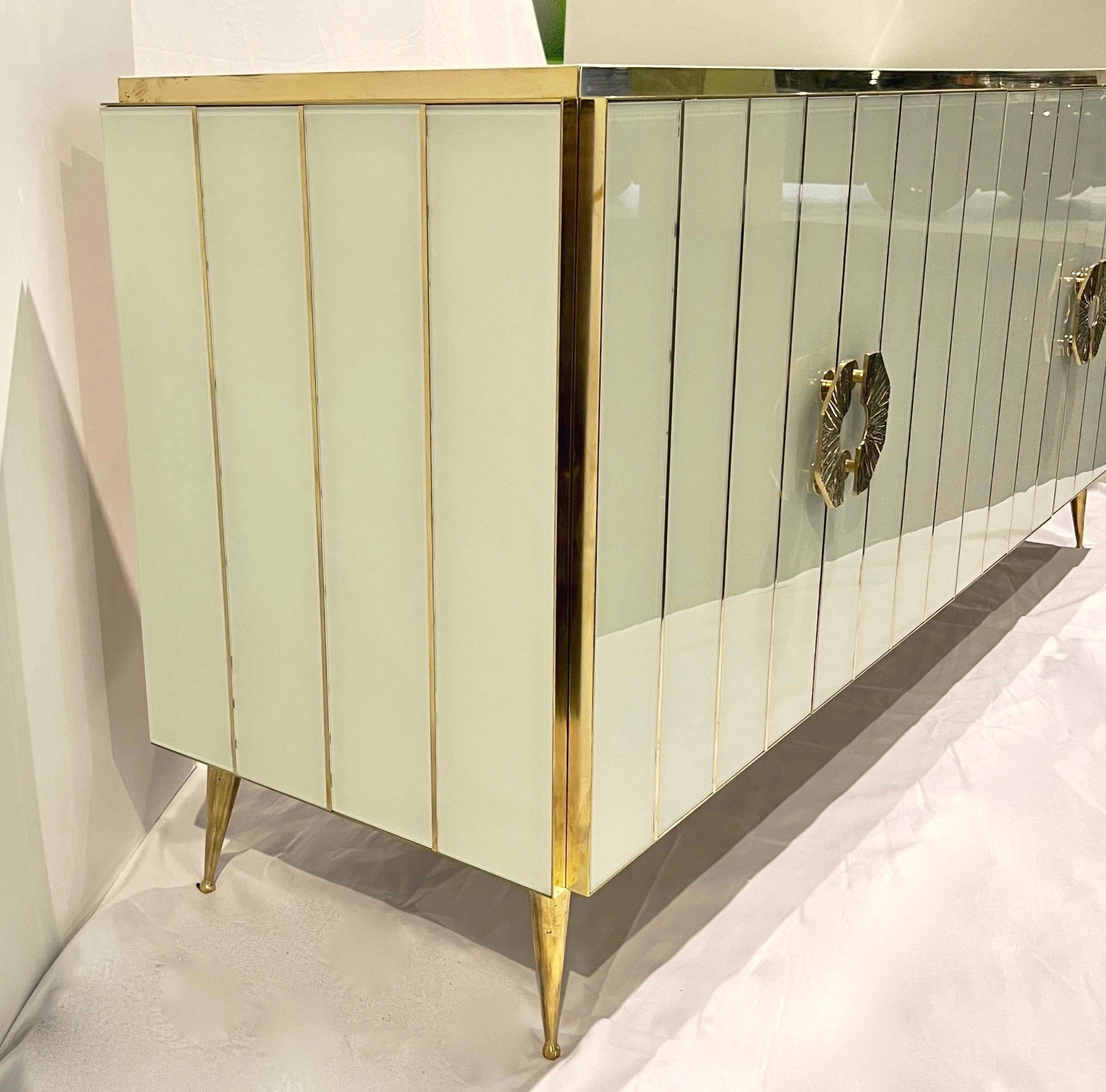 Customizable Italian Art Deco Style Ivory White Glass Brass Modern Cabinet For Sale 2