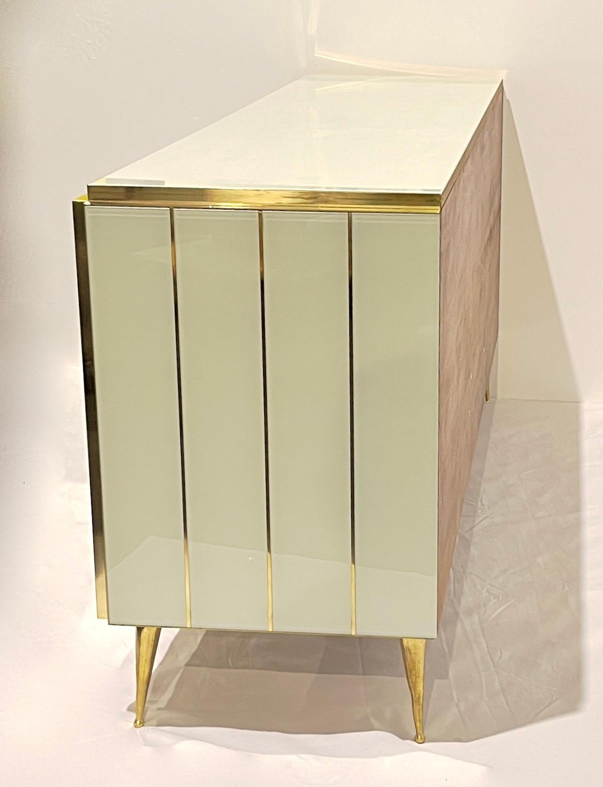Customizable Italian Art Deco Style Ivory White Glass Brass Modern Cabinet For Sale 3