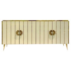 Customizable Italian Art Deco Style Ivory White Glass Brass Modern Cabinet