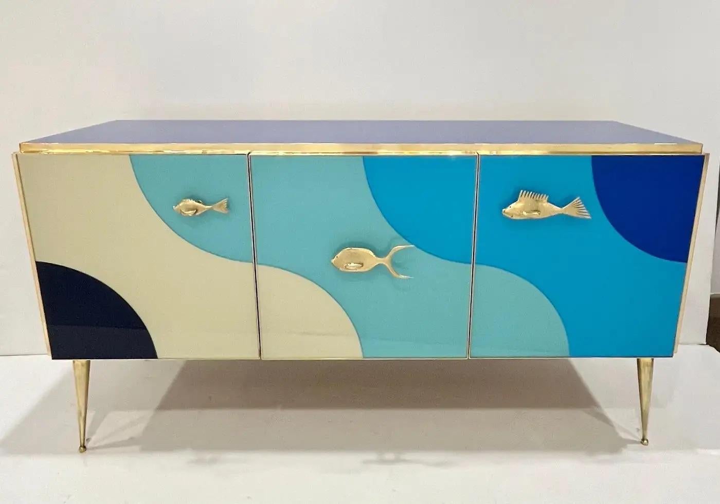 Decoración de playa en cristal marfil azul italiano personalizable Armario/tablero moderno en venta 5