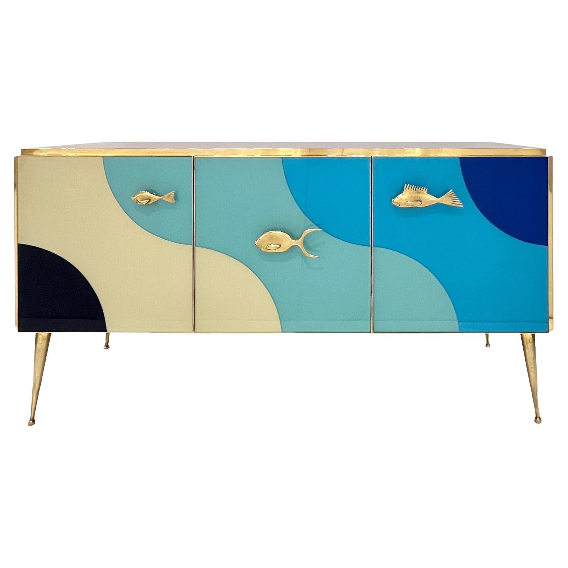 Decoración de playa en cristal marfil azul italiano personalizable Armario/tablero moderno en venta
