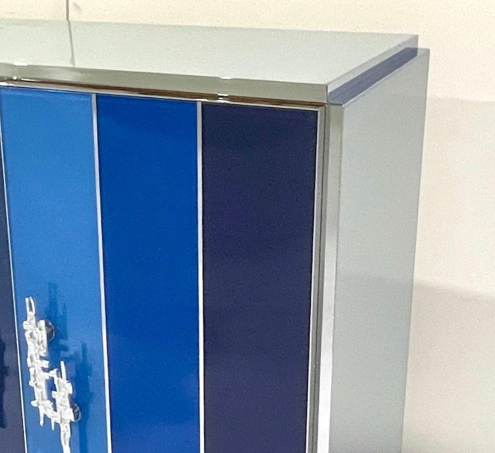Cast Customizable Italian Post Modern Blue Grey White Glass Nickel Cabinet/Sideboard For Sale