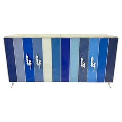 Customizable Italian Post Modern Blue Grey White Glass Nickel Cabinet/Sideboard