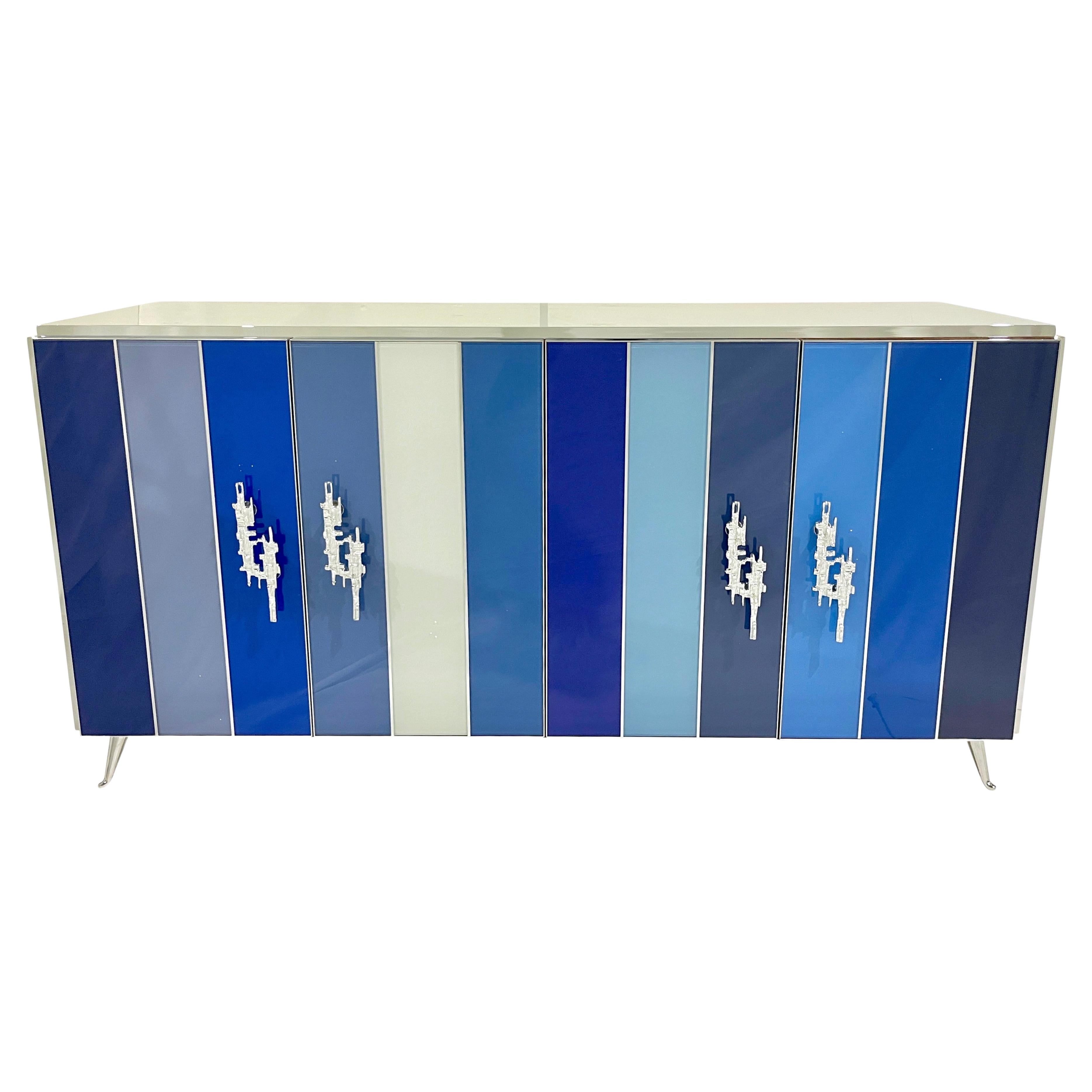 Anpassbarer italienischer postmoderner Schrank/Sideboard aus blau-grau-weißem Glas und Nickel