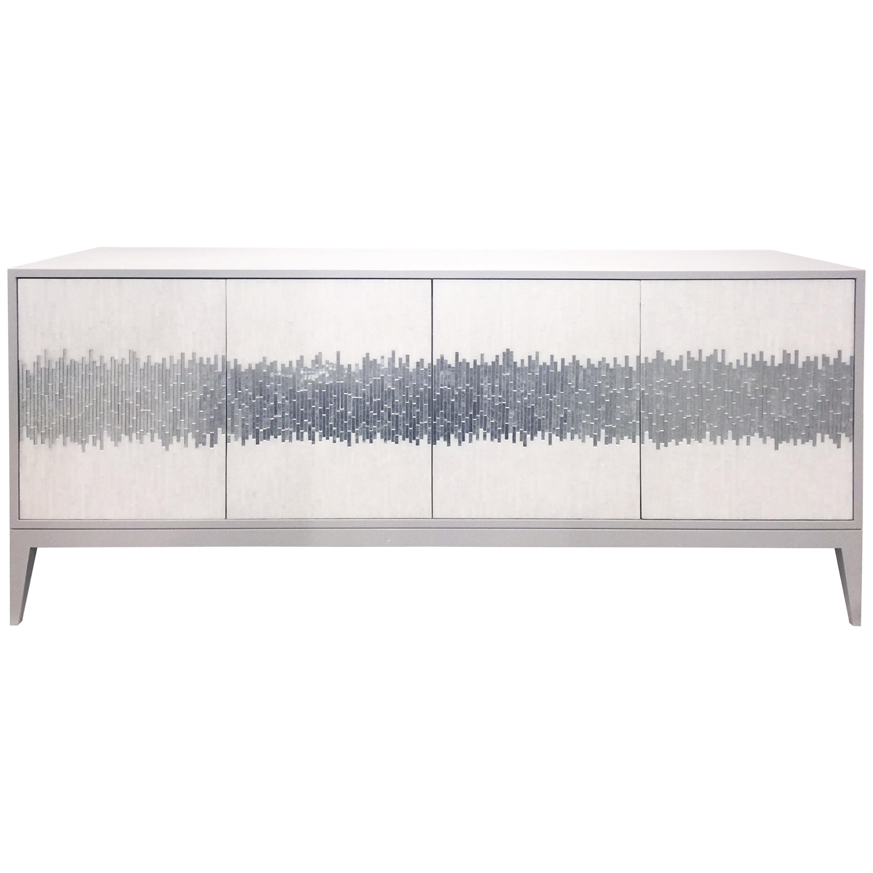 Wood Customizable Ivory Buffet in White/Silver Wave Glass Mosaic by Ercole Home