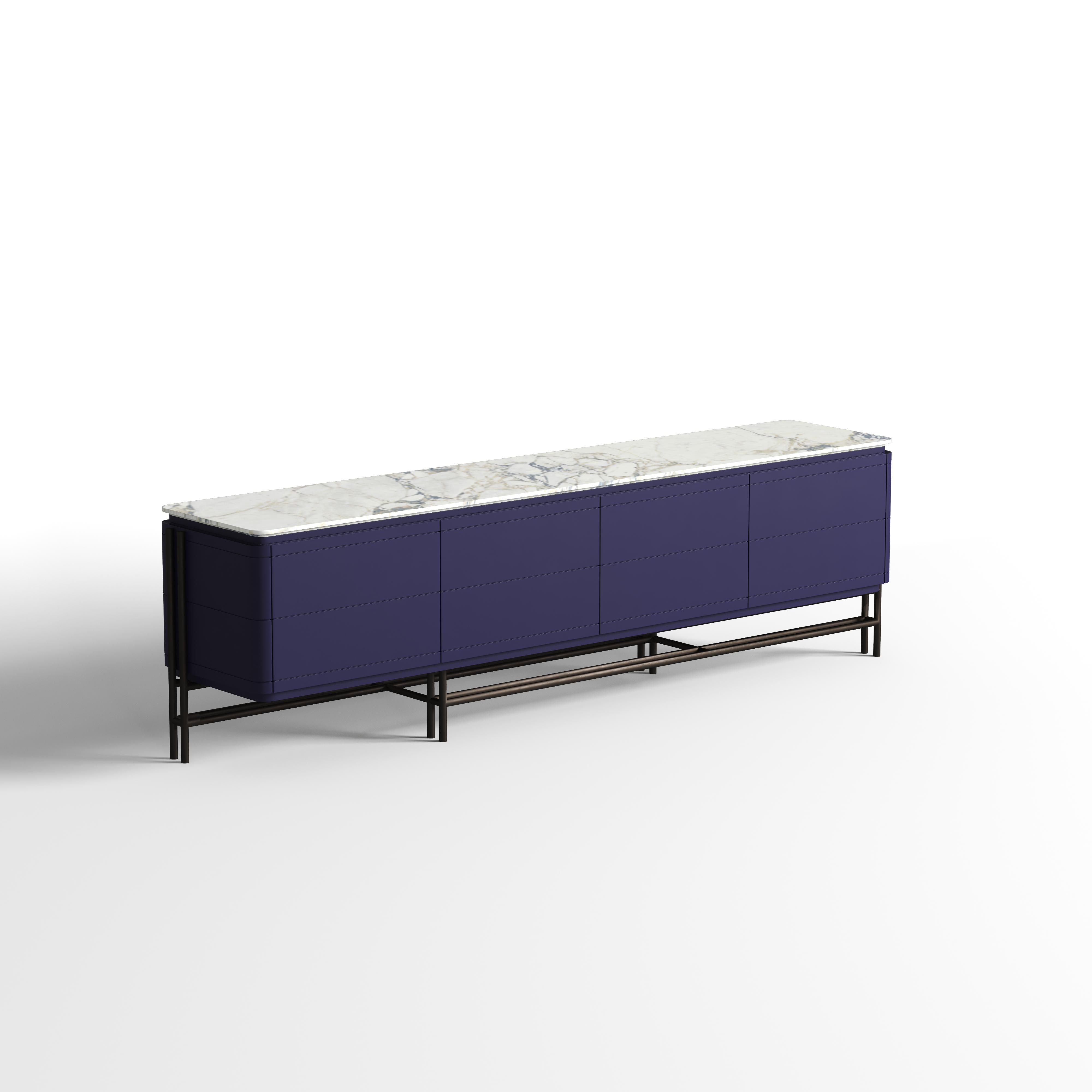 Sideboard with 4 doors, inside shelf and metal base. 
Cabinet is lacquered with top veneer walnut, metal base in epoxy powder. 
Custom sizes and finishes upon request.
Top is also offered in ceramic or marble upon request.
100% European