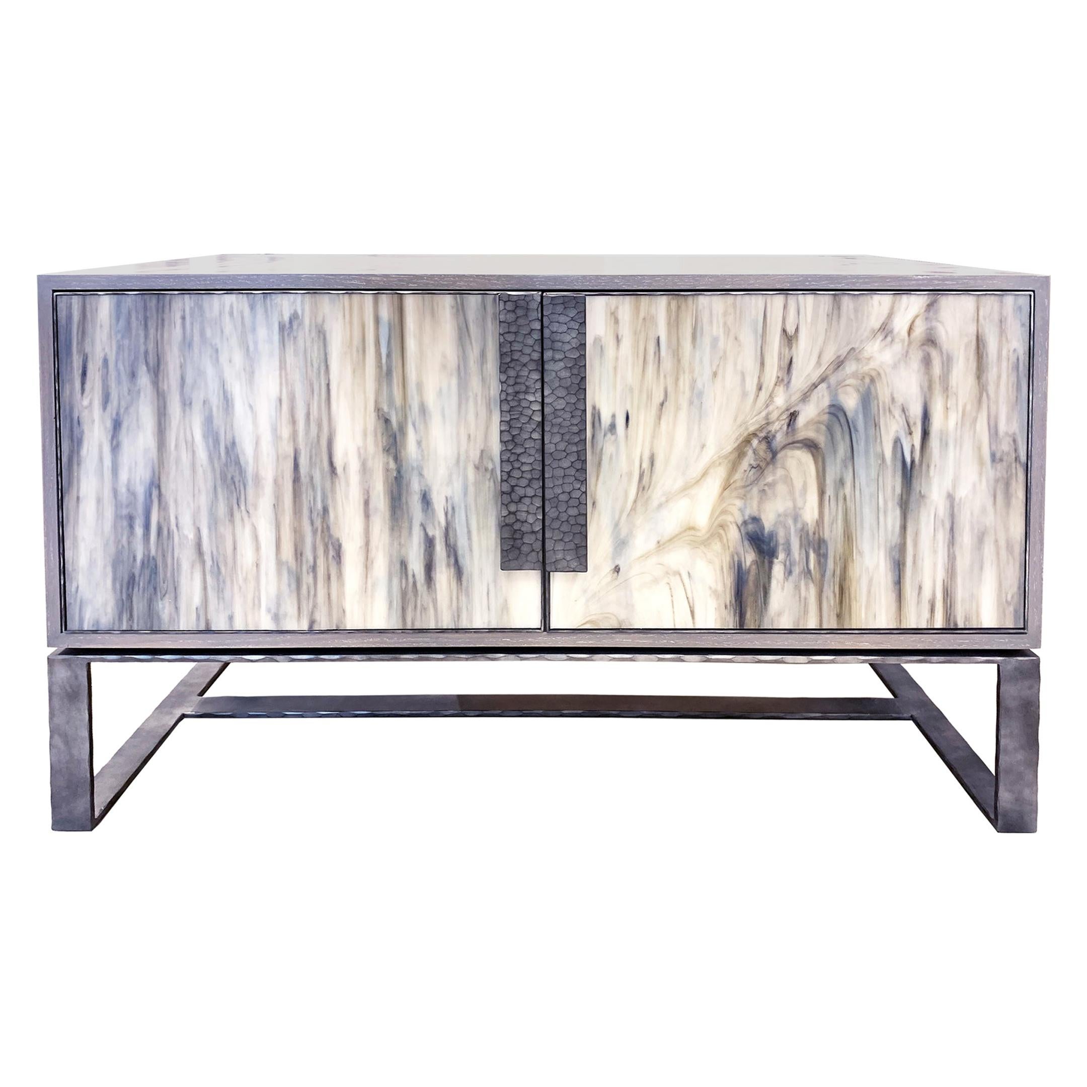 Modern London Gray Glass Credenza with Forged Metal Base by Ercole Home