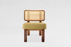 Customizable Lounge Chair Colima, Solid wood, Wicker back and upholstery gold.