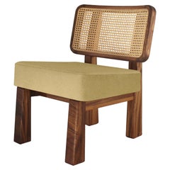 Customizable Lounge Chair Colima, Solid wood, Wicker back and upholstery gold.