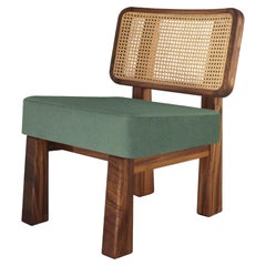 Customizable Lounge Chair Colima, Solid wood, Wicker back and upholstery green.