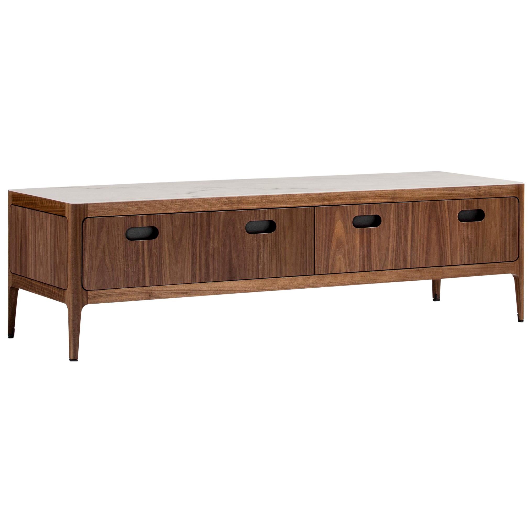 Low Console Table with Drawers in Walnut by Munson Furniture Sample For Sale