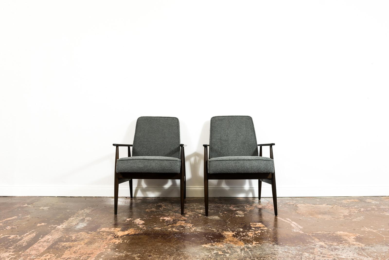 Pair of mid-century armchairs, type 300-190 designed by H. Lis, manufactured in Poland, 1960's.
Reupholstered armchairs in grey soft fabric, wood frames have been restored and refinished.
We offer fabric customization upon request.