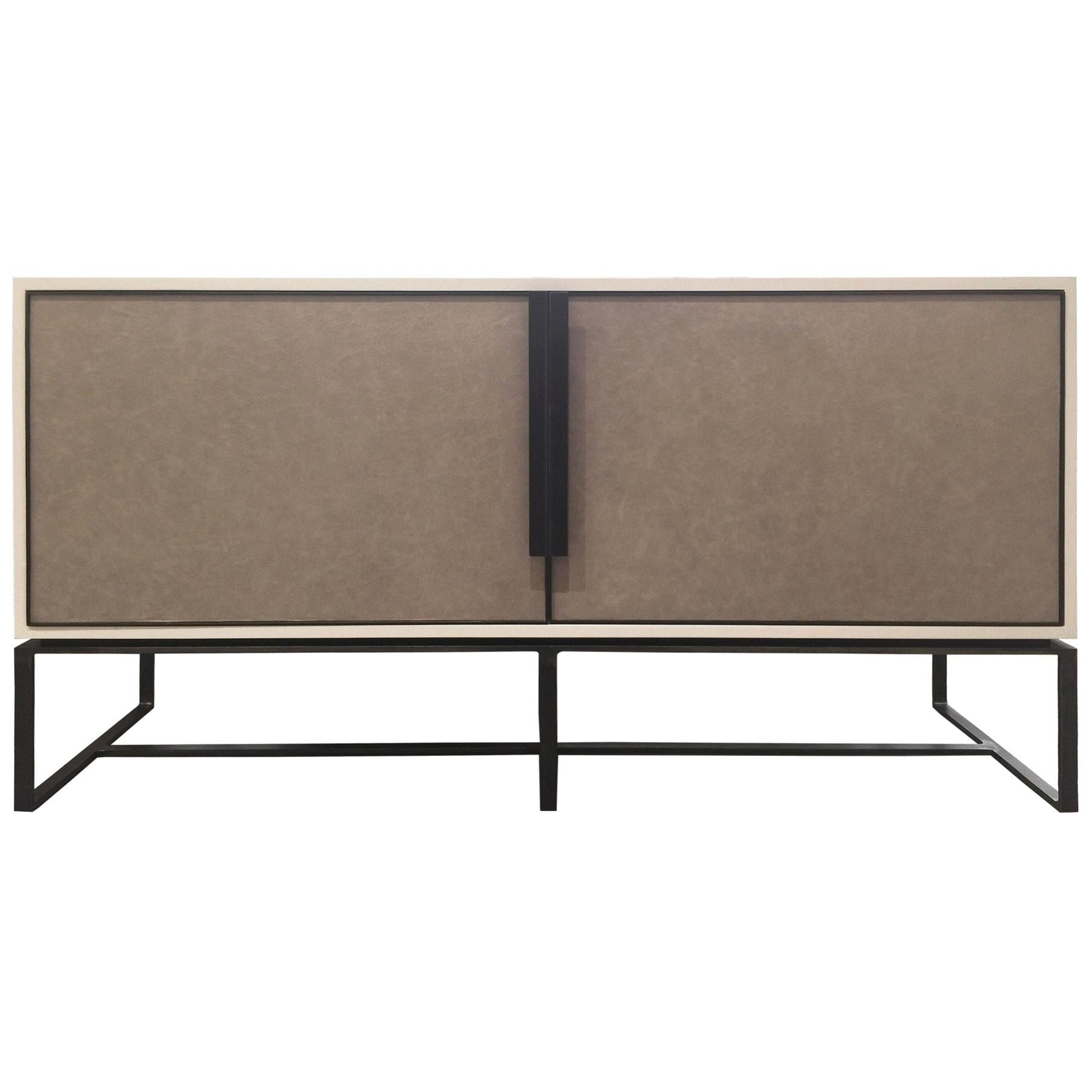 Mid-century Modern 2-Door Brown Leather Buffet with Forged Metal by Ercole Home For Sale