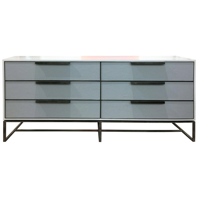 Mid-century Modern Style Gray Leather Chest with Metal Base by Ercole Home  For Sale at 1stDibs