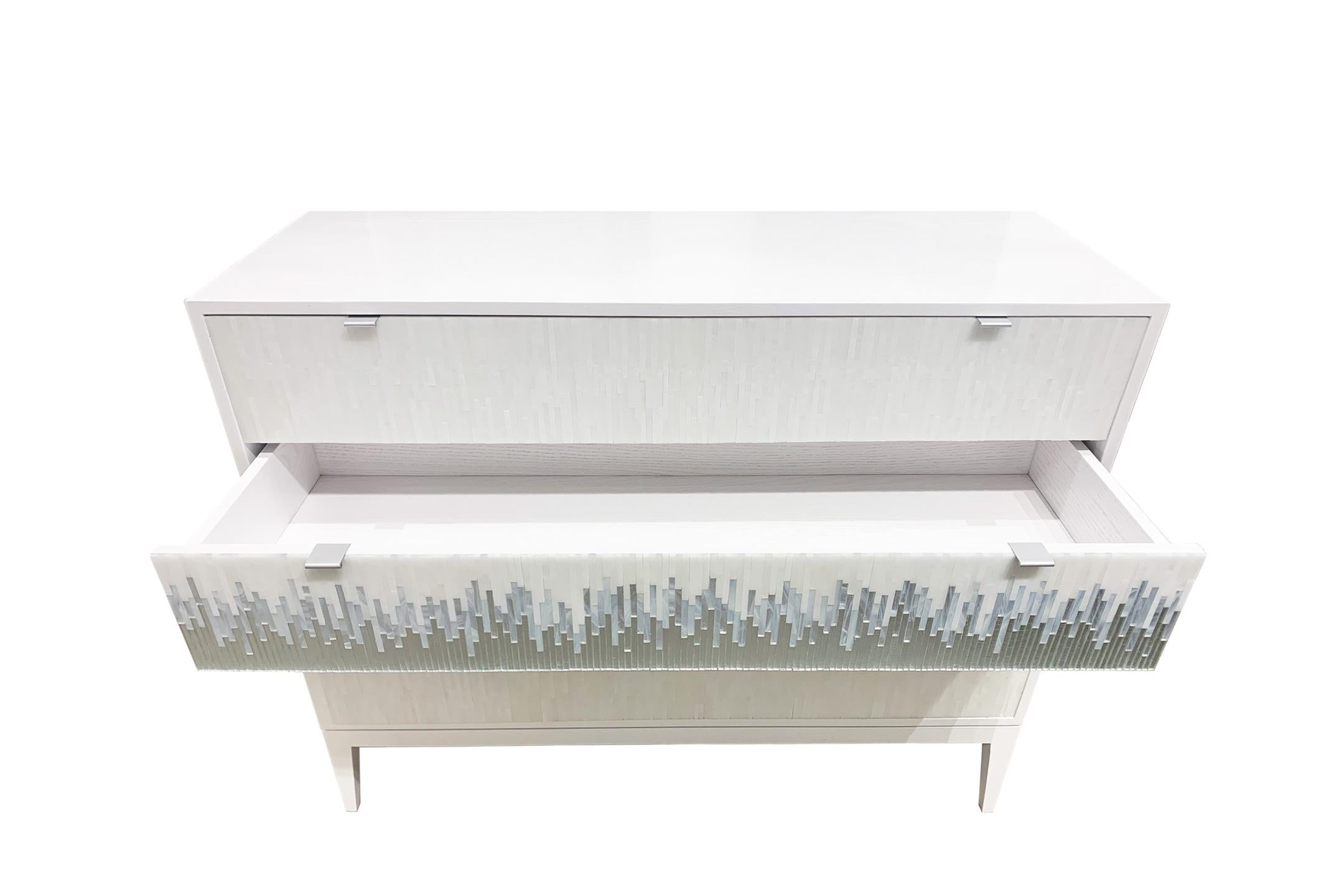 American Modern Milano Chest in White/Silver Wave Glass Mosaic by Ercole Home For Sale
