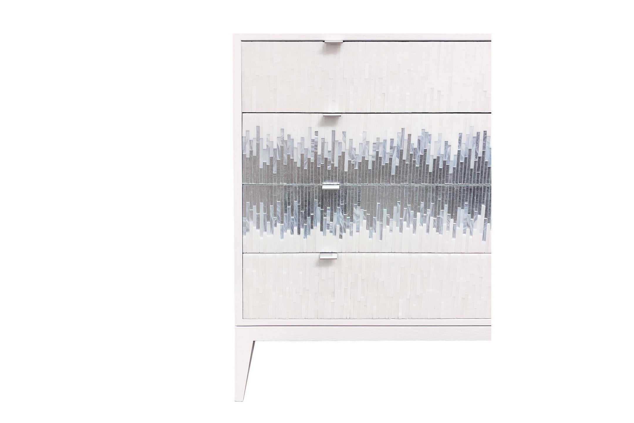Modern Milano Chest in White/Silver Wave Glass Mosaic by Ercole Home In New Condition For Sale In Brooklyn, NY