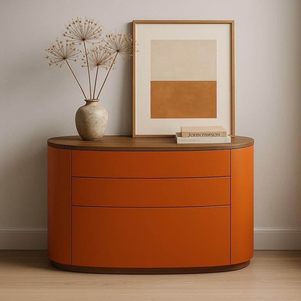 Moderne Commode ovale minimaliste personnalisable en noyer et laque orange en vente