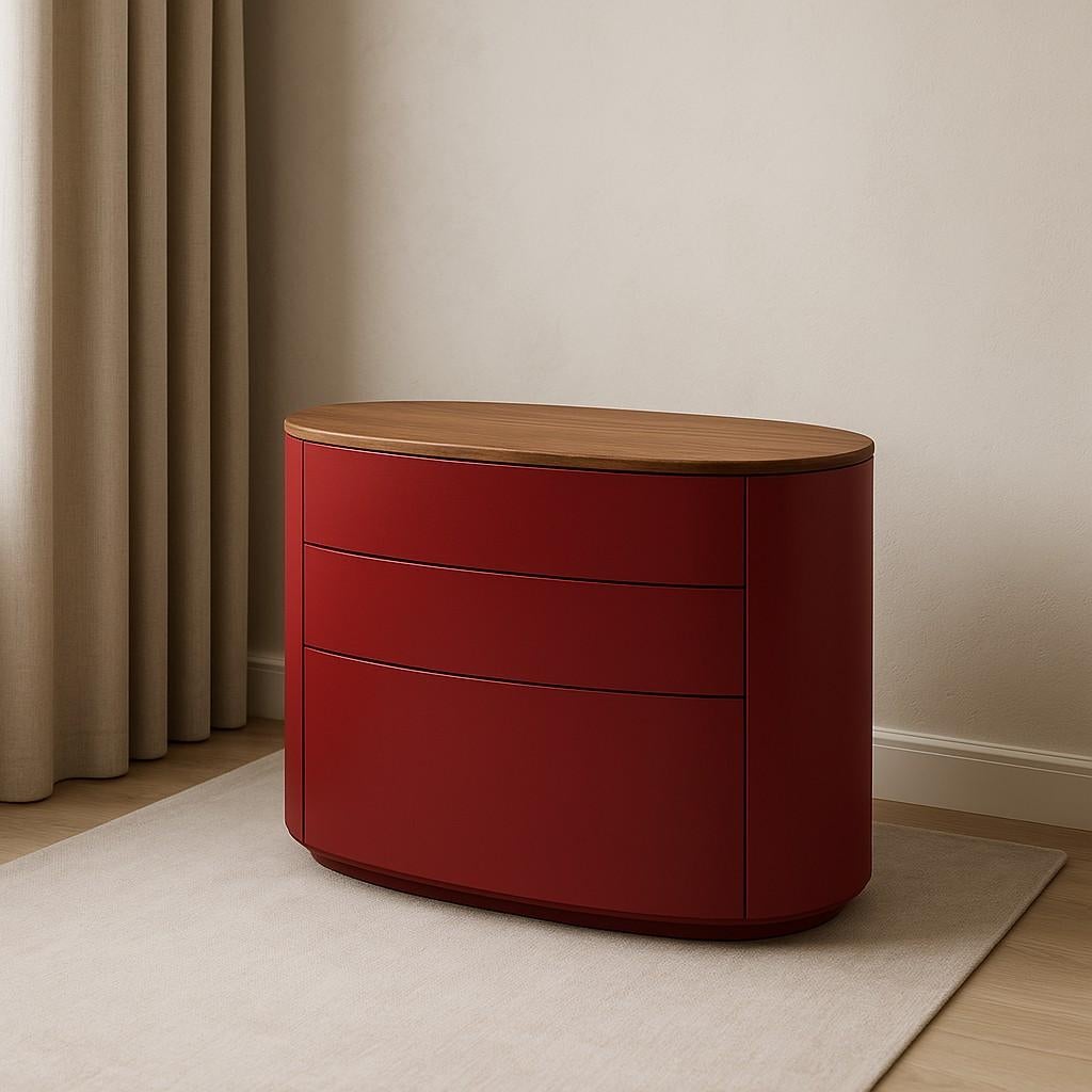 Européen Commode ovale minimaliste personnalisable en noyer et laque orange en vente