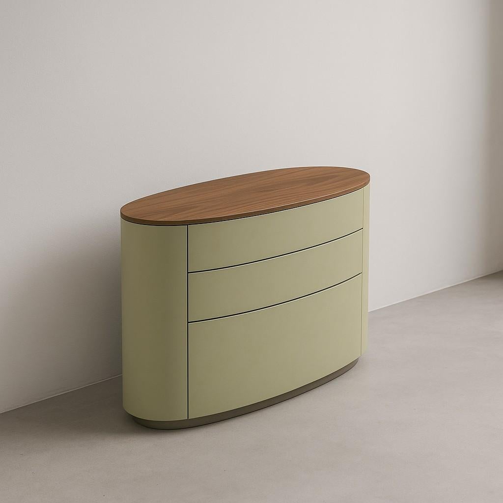 Fait main Commode ovale minimaliste personnalisable en noyer et laque orange en vente