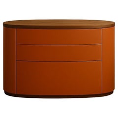 Customizable Minimalist Oval Chest of Drawers In Walnut & Orange Lacquer