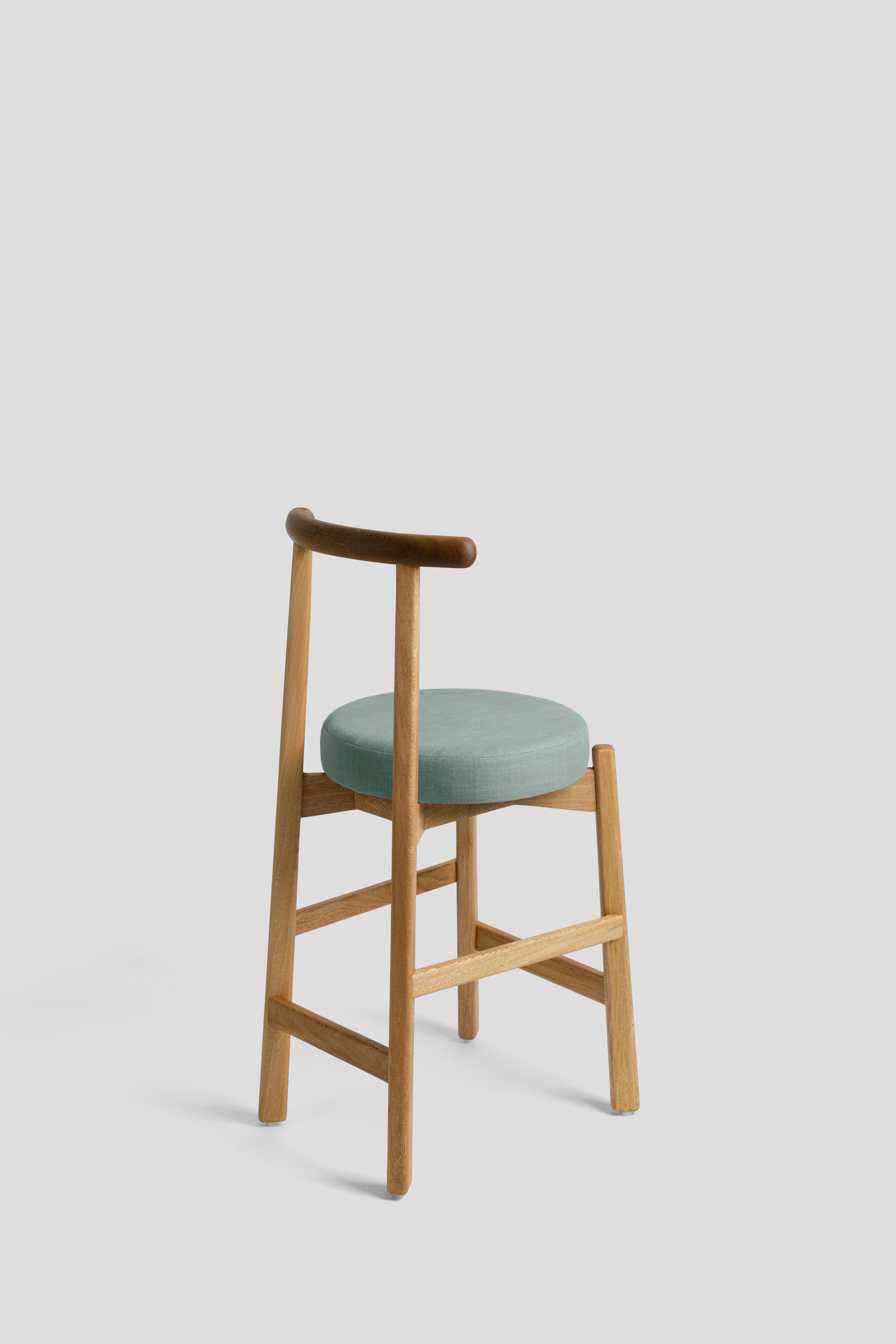 Mexican Customizable Modern Colima Counter Stool, Solid  wood and mint upholstery. For Sale