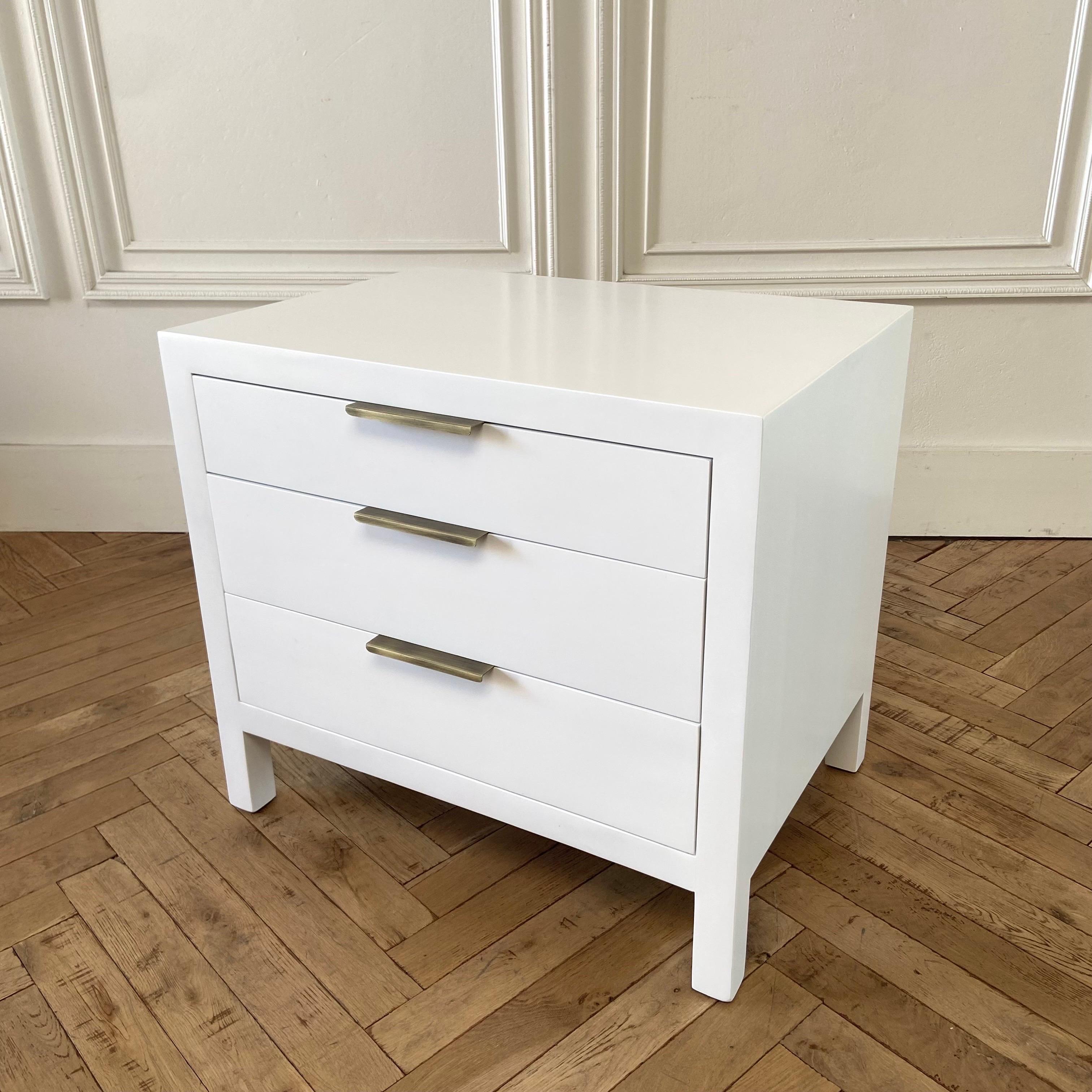 Full customizable available in white or black finish 
Size Shown: 28”W x 20”D x 25”H
Inside Bottom two drawers: 4-1/2”H
Inside Top drawer: 3-1/4”H
Shown with modern pulls, this is an upgrade, the drawers are solid wood with dovetail