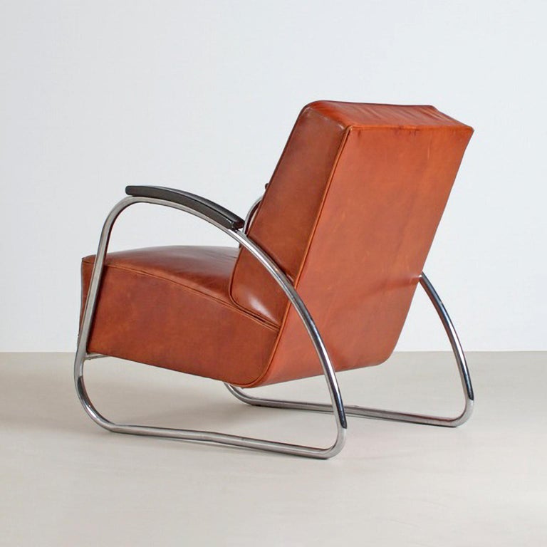 Customizable Modernist Club Chair by Mauser, Chromed Metal, Leather Upholstery For Sale at 1stDibs