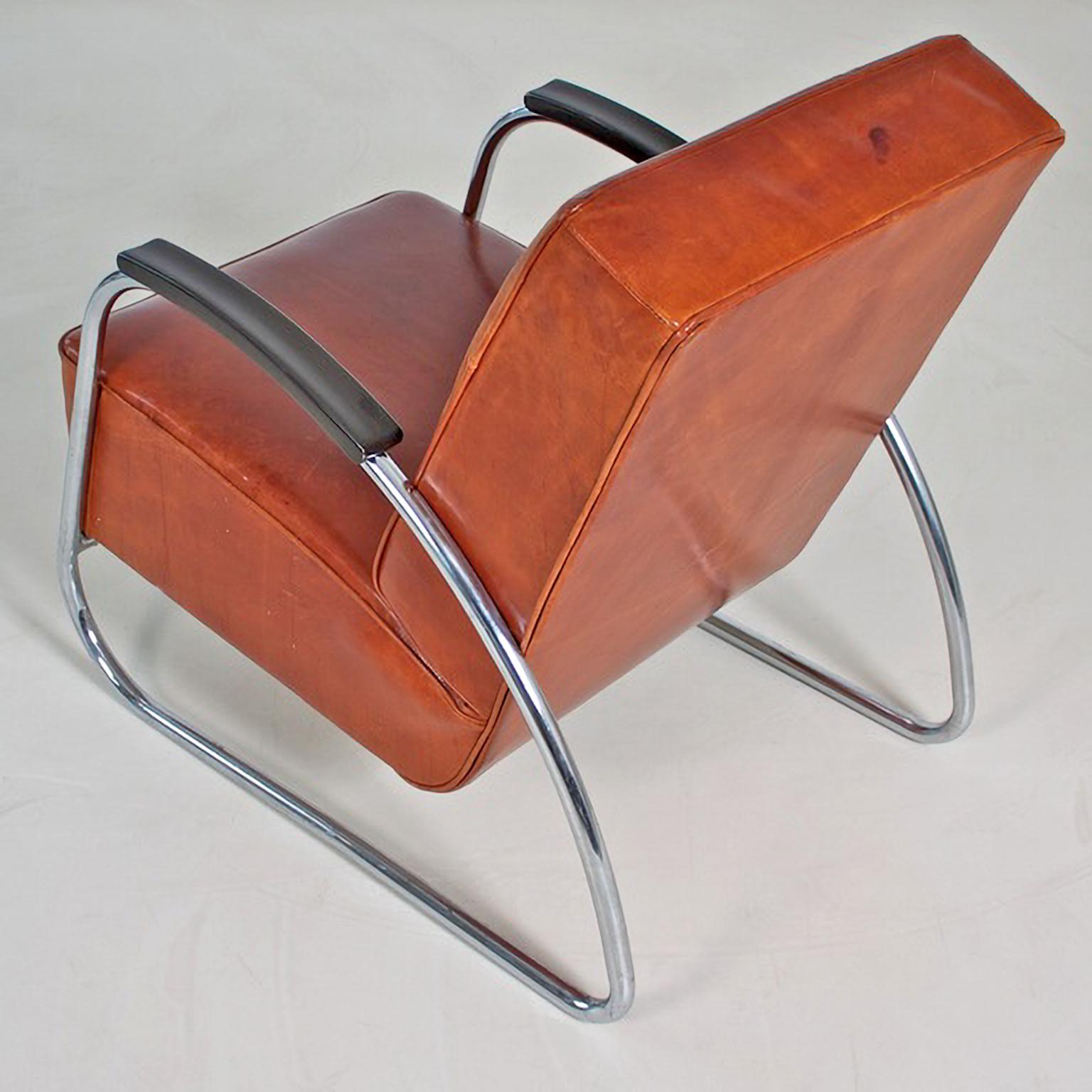Lacquered Customizable Modernist Club Chair by Mauser, Chromed Metal, Leather Upholstery For Sale