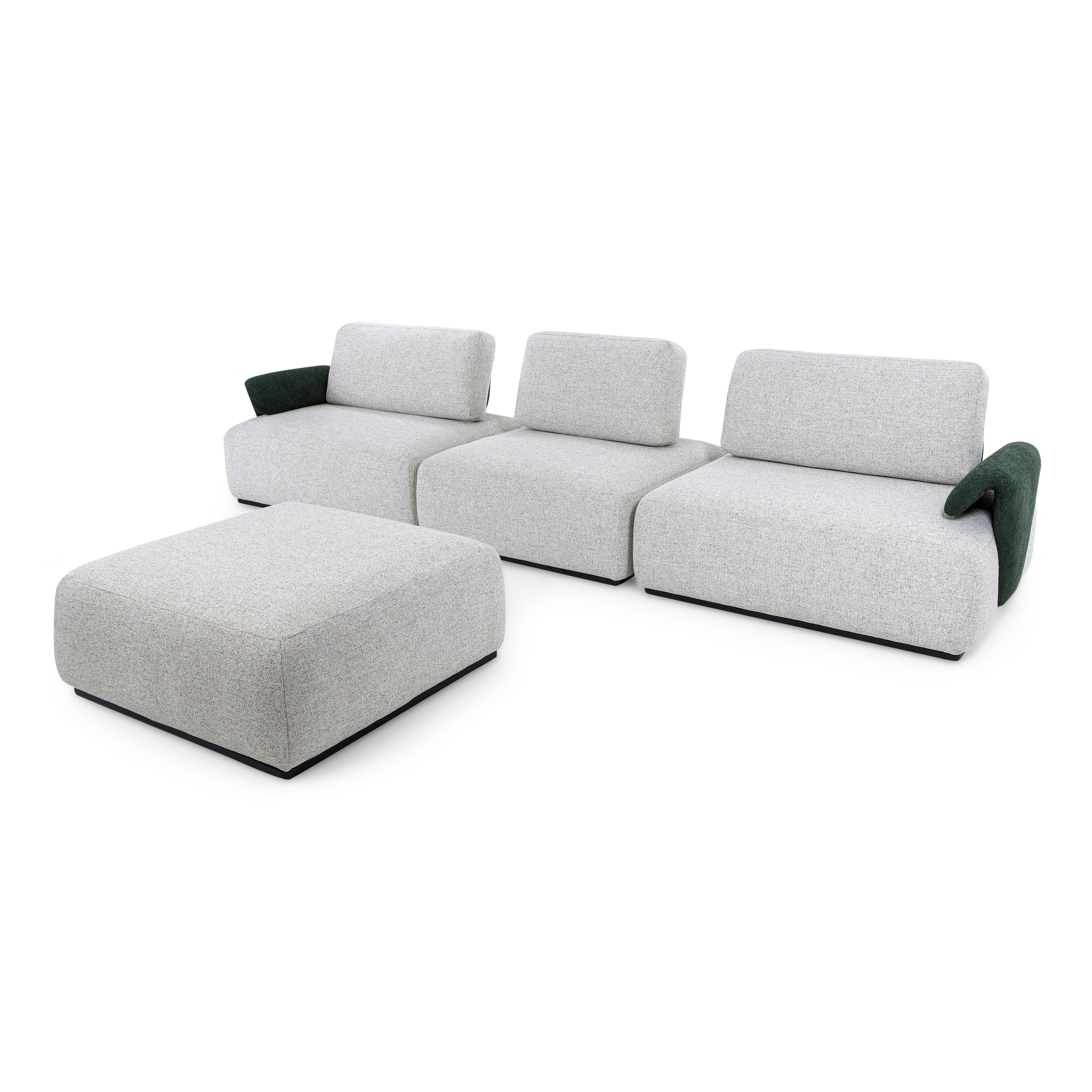 A Paipe modular three-seater sofa with ottoman designed by Sérgio Batista for Uultis with beige fabric and green details. *Please check availability prior to purchase*.

Inspired by the legendary waves of Pipeline in Hawaii, the Paipe modular sofa