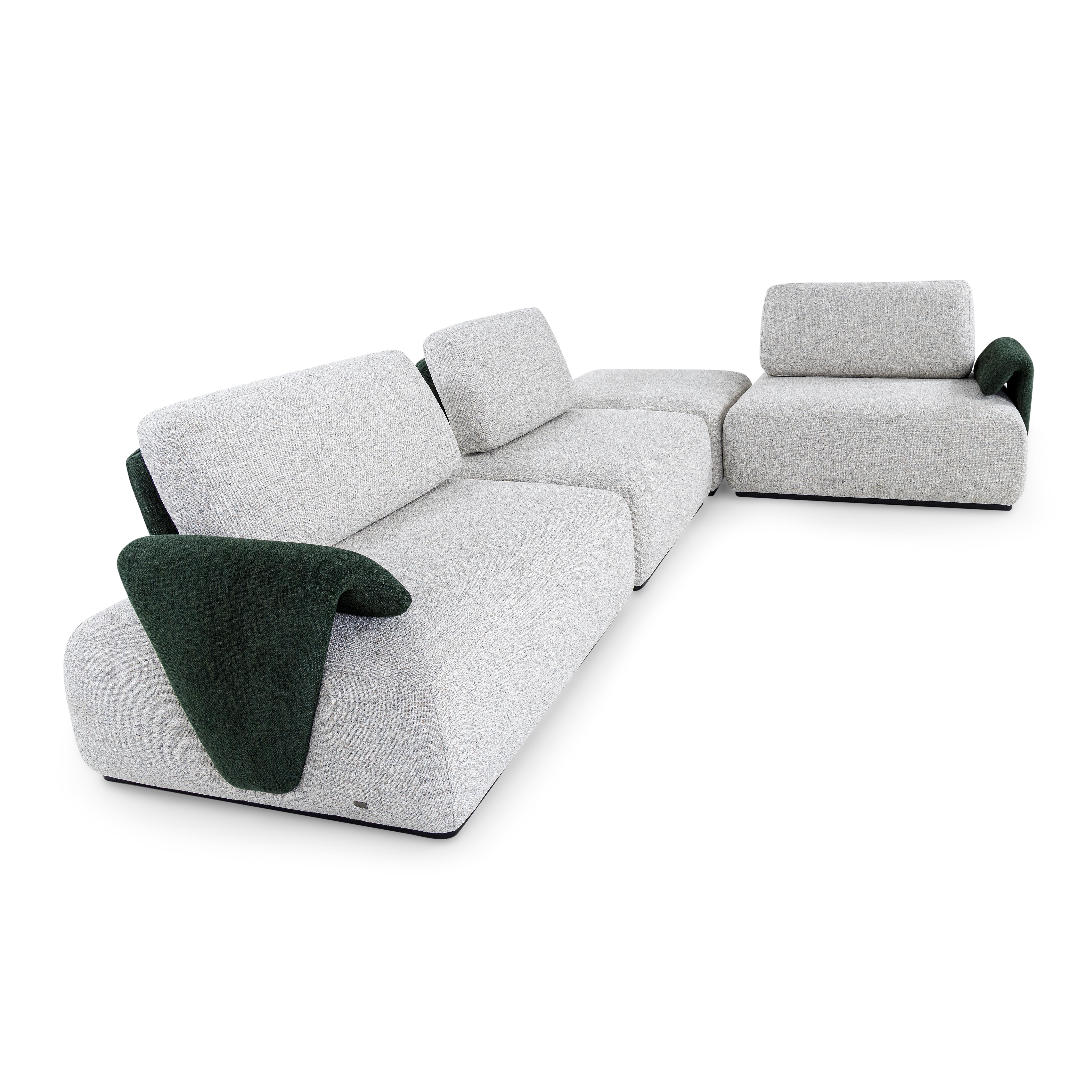 Modern Customizable Modular Three-Seater Sofa with Ottoman in Beige Fabric, Paipe Line For Sale