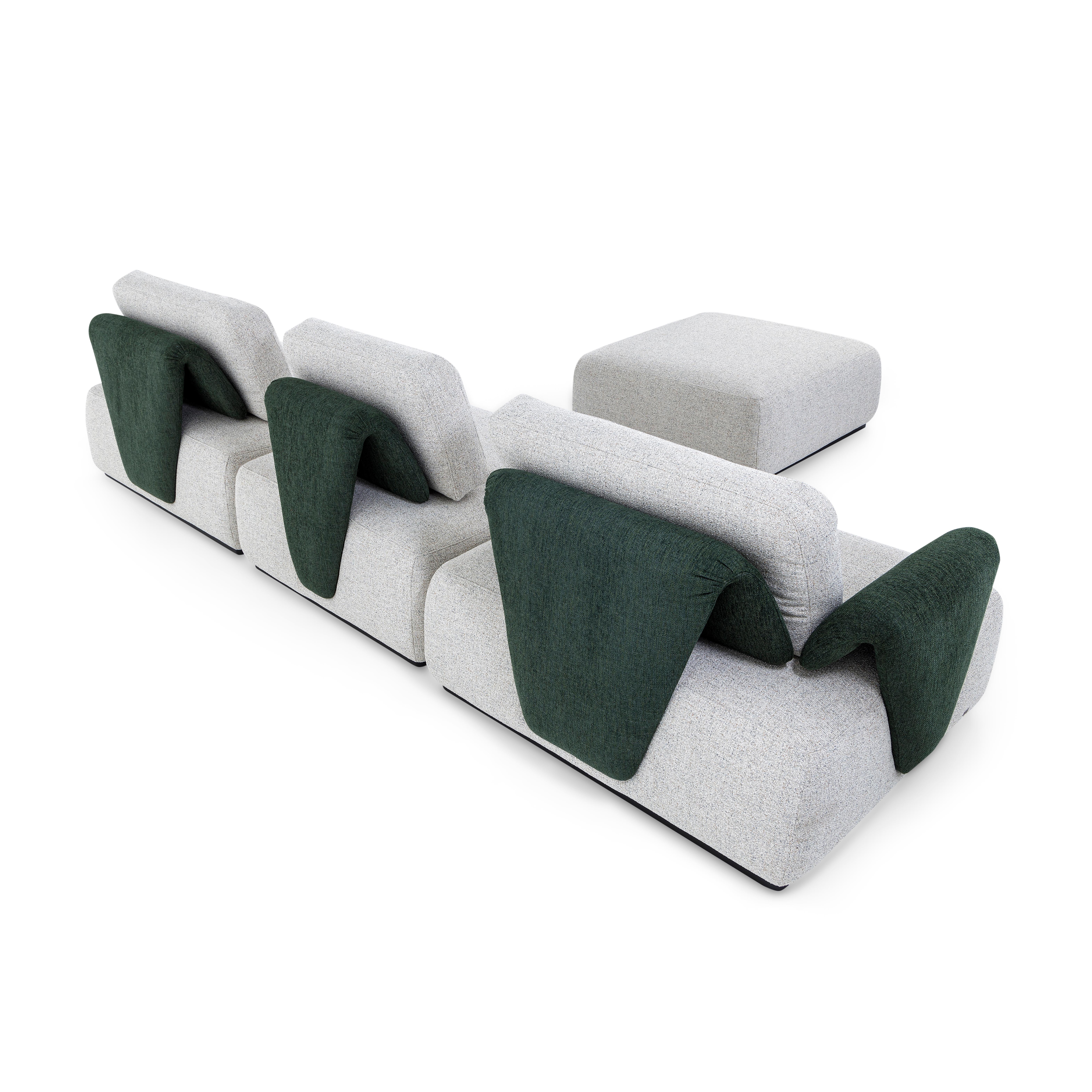 Contemporary Customizable Modular Three-Seater Sofa with Ottoman in Beige Fabric, Paipe Line For Sale